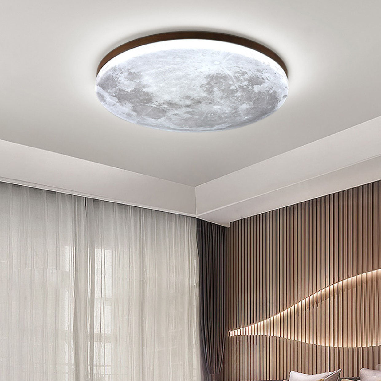 Modern Wood Flush Mount Ceiling Light With Selectable White Light in Walnut — Greenwich Home & Living