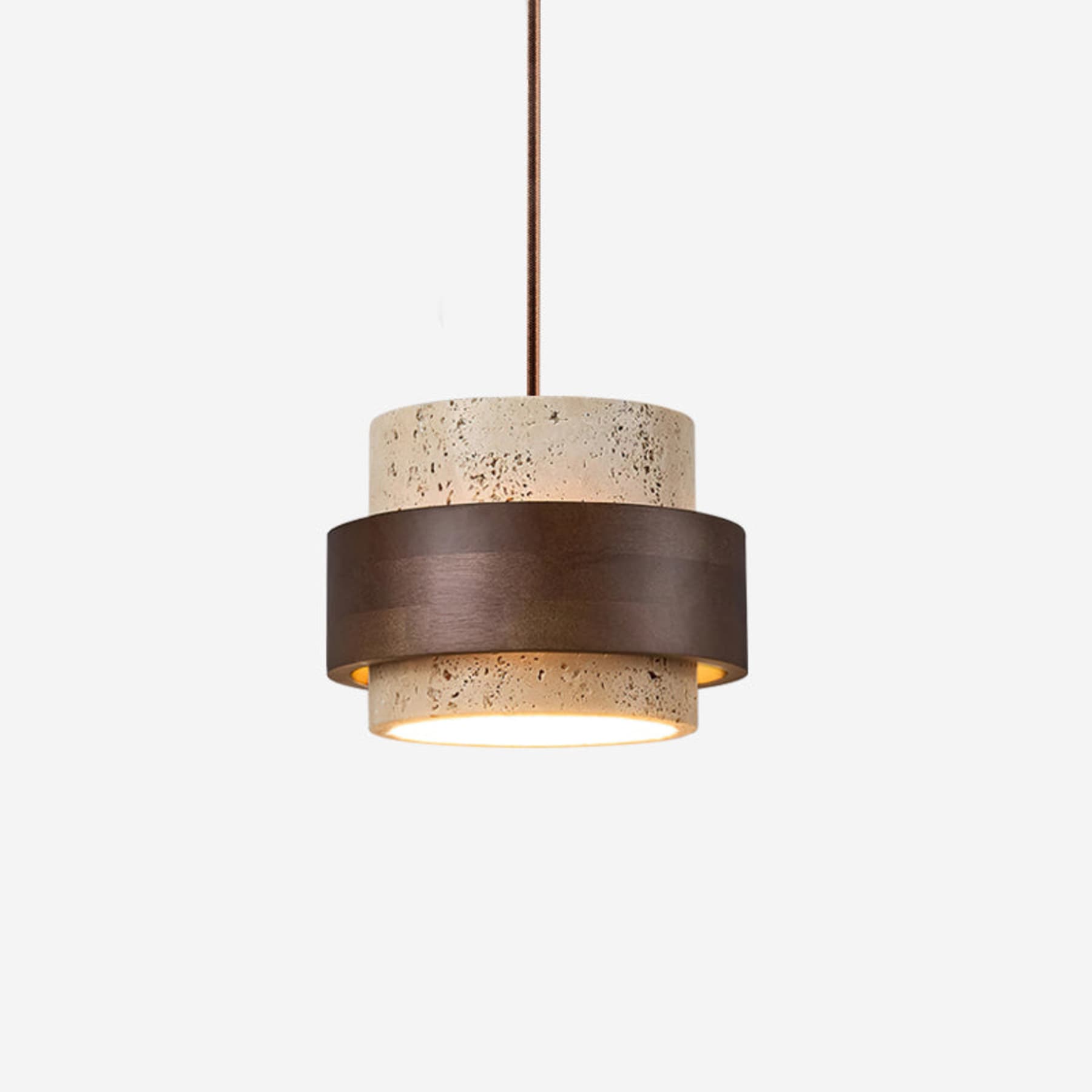Contemporary Travertine and Solid Wood Pendant Light With Tri-Color Light for Dining Room in 1 Head - 7" × 5" (17 × 12.5 cm) — Greenwich Home & Living