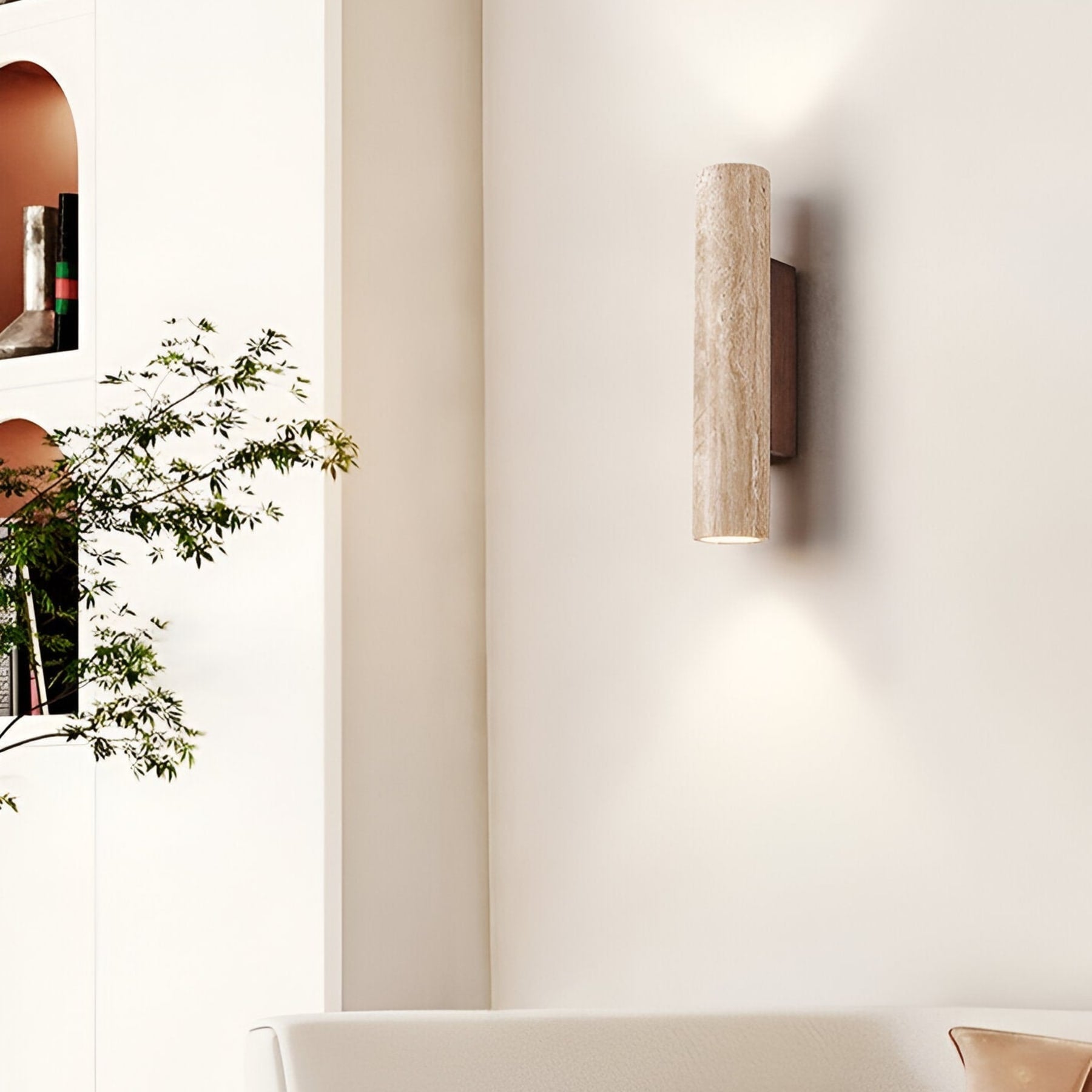 Minimalist Travertine and Wood Wall Light With Warm LED Glow — Greenwich Home & Living