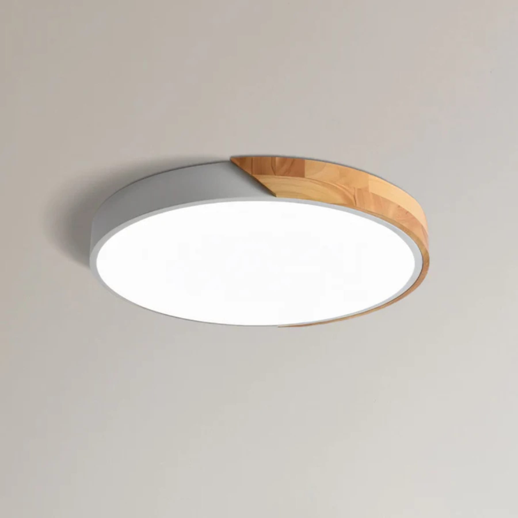 Scandinavian Wood Flush Mount Ceiling Light With Remote Dimming for Living Room in White — Greenwich Home & Living