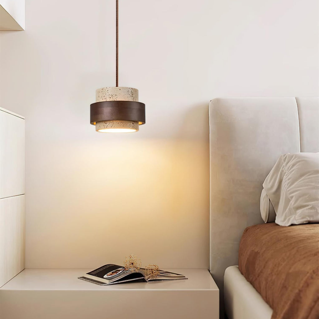 Contemporary Travertine and Solid Wood Pendant Light With Tri-Color Light for Dining Room — Greenwich Home & Living