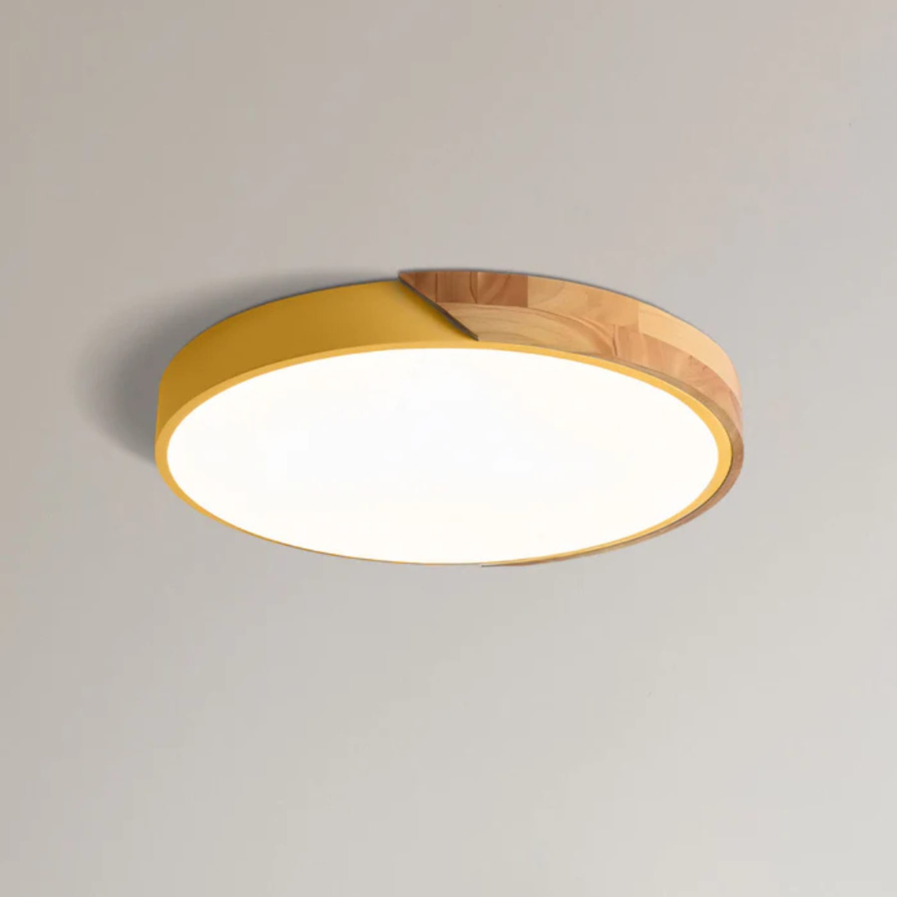 Scandinavian Wood Flush Mount Ceiling Light With Remote Dimming for Living Room in Yellow — Greenwich Home & Living