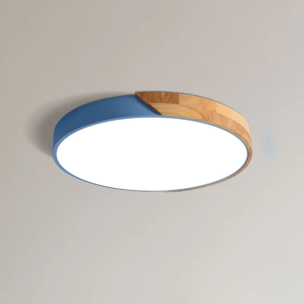 Scandinavian Wood Flush Mount Ceiling Light With Remote Dimming for Living Room in Blue — Greenwich Home & Living
