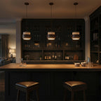 Contemporary Travertine and Solid Wood Pendant Light With Tri-Color Light for Dining Room — Greenwich Home & Living