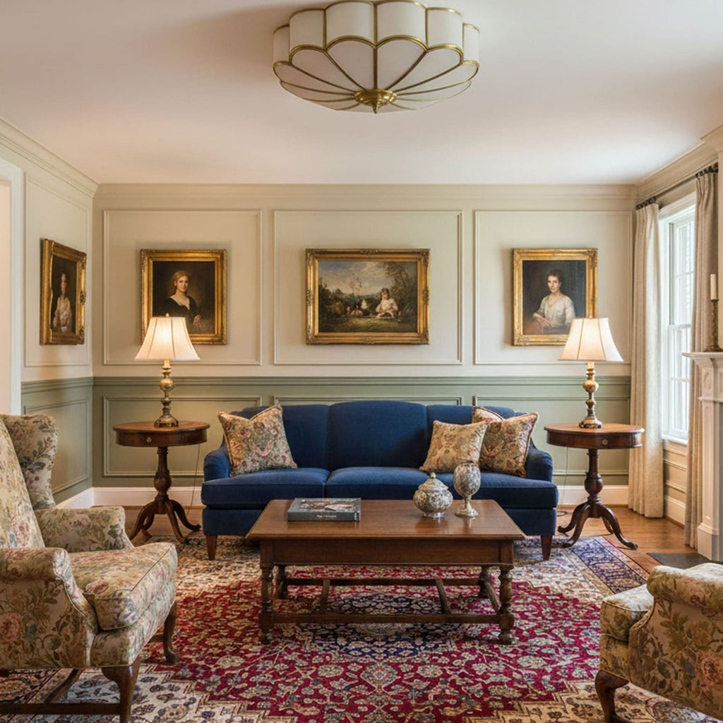 Traditional Brass and Glass Flush Mount Ceiling Light for Living Room — Greenwich Home & Living