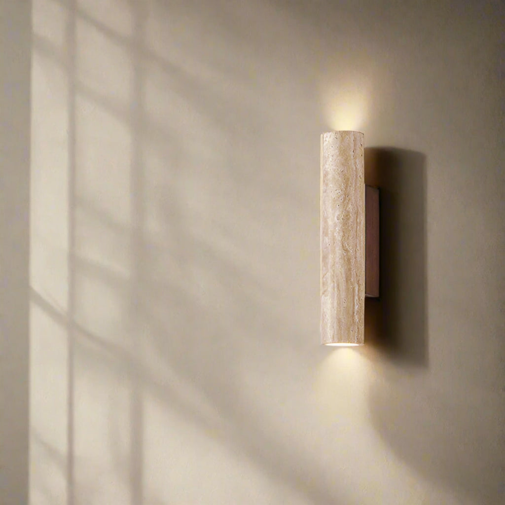 Minimalist Travertine and Wood Wall Light With Warm LED Glow — Greenwich Home & Living