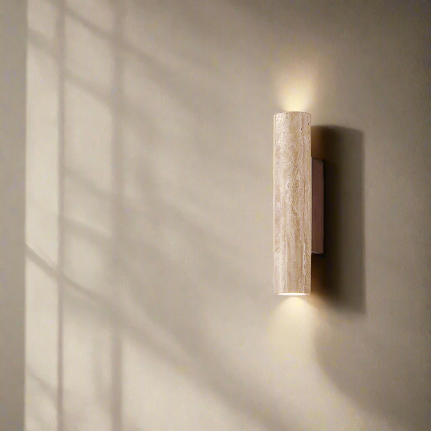 Minimalist Travertine and Wood Wall Light With Warm LED Glow — Greenwich Home & Living