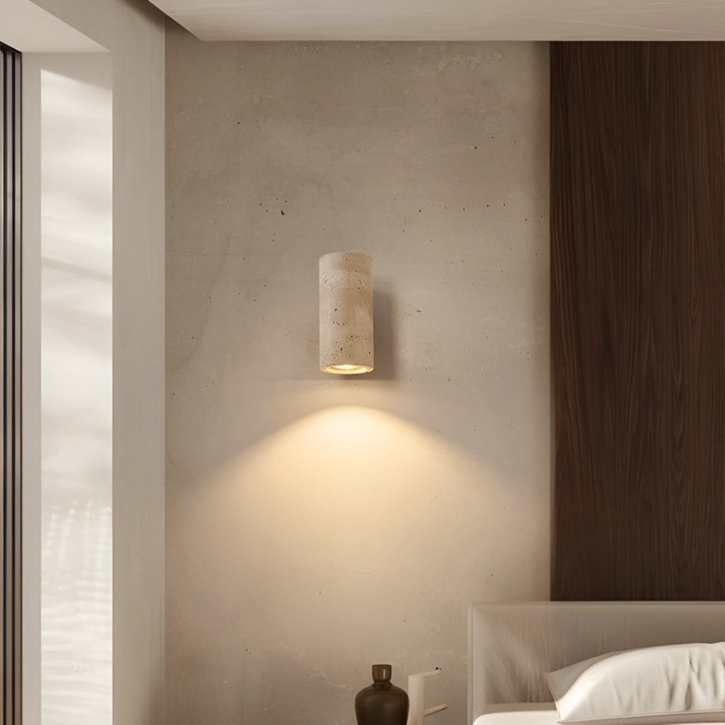 Minimalist Travertine and Wood Wall Light With Warm LED Glow — Greenwich Home & Living