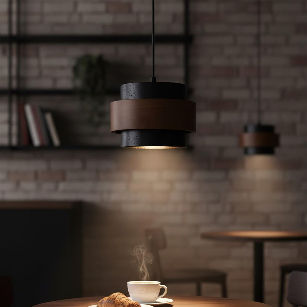 Contemporary Travertine and Solid Wood Pendant Light With Tri-Color Light for Dining Room — Greenwich Home & Living