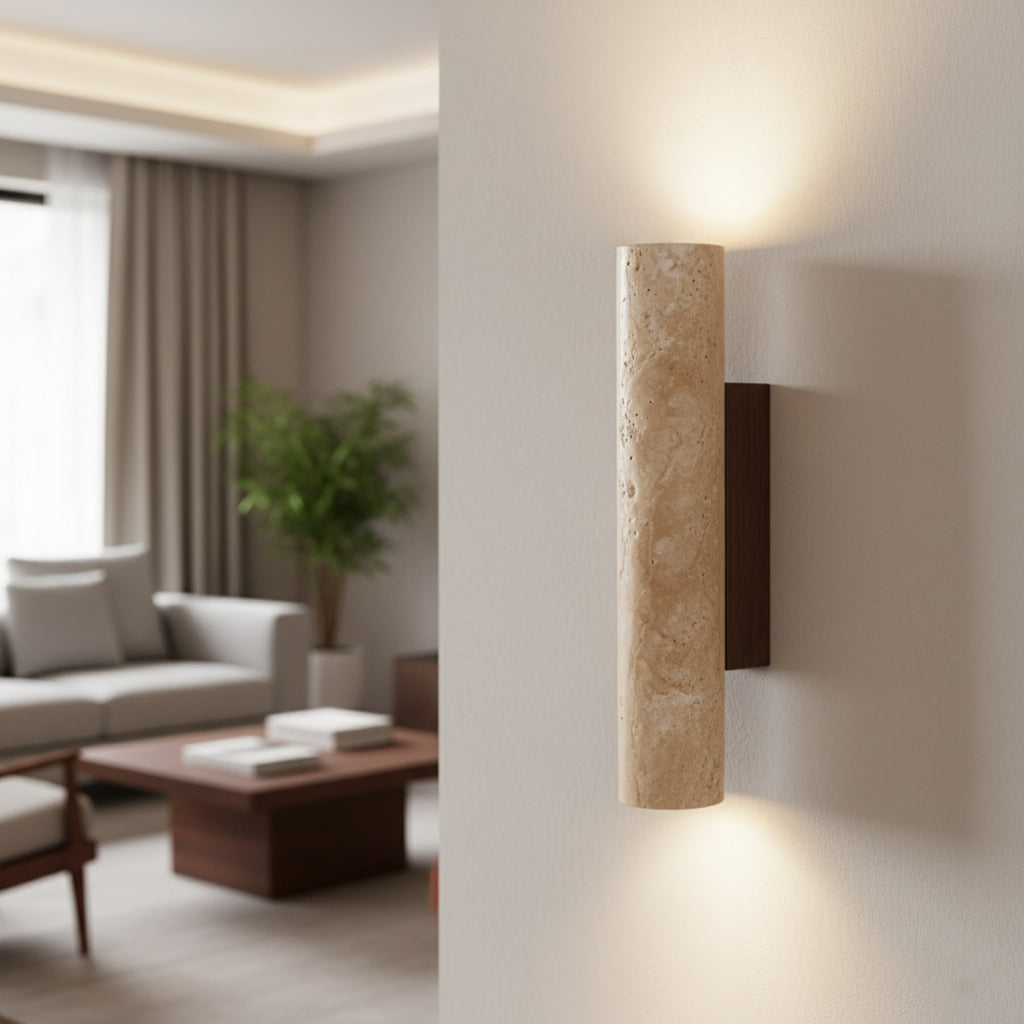 Minimalist Travertine and Wood Wall Light With Warm LED Glow — Greenwich Home & Living