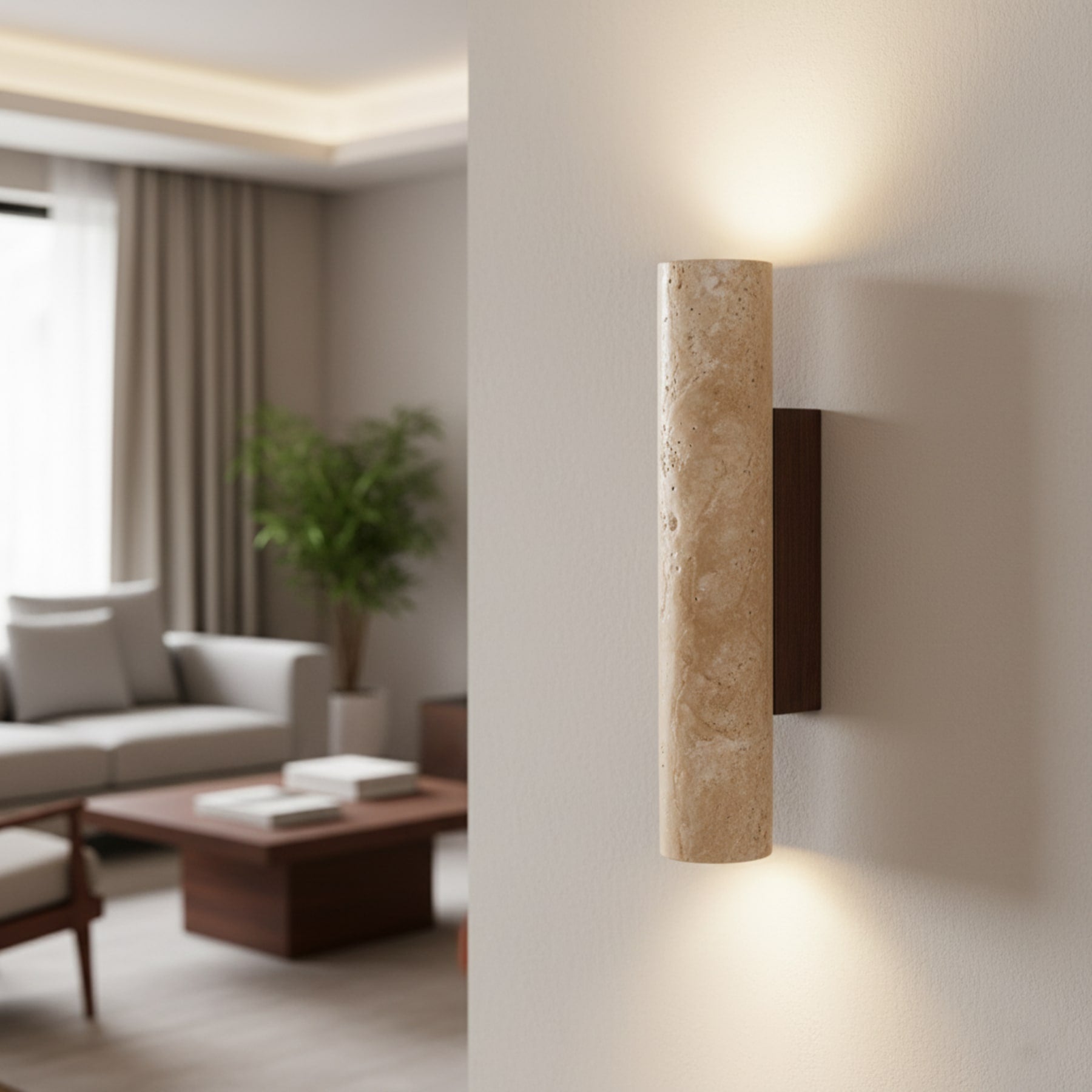 Minimalist Travertine and Wood Wall Light With Warm LED Glow — Greenwich Home & Living