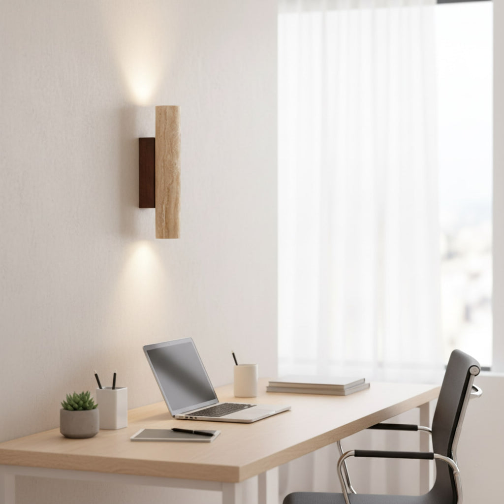 Minimalist Travertine and Wood Wall Light With Warm LED Glow — Greenwich Home & Living