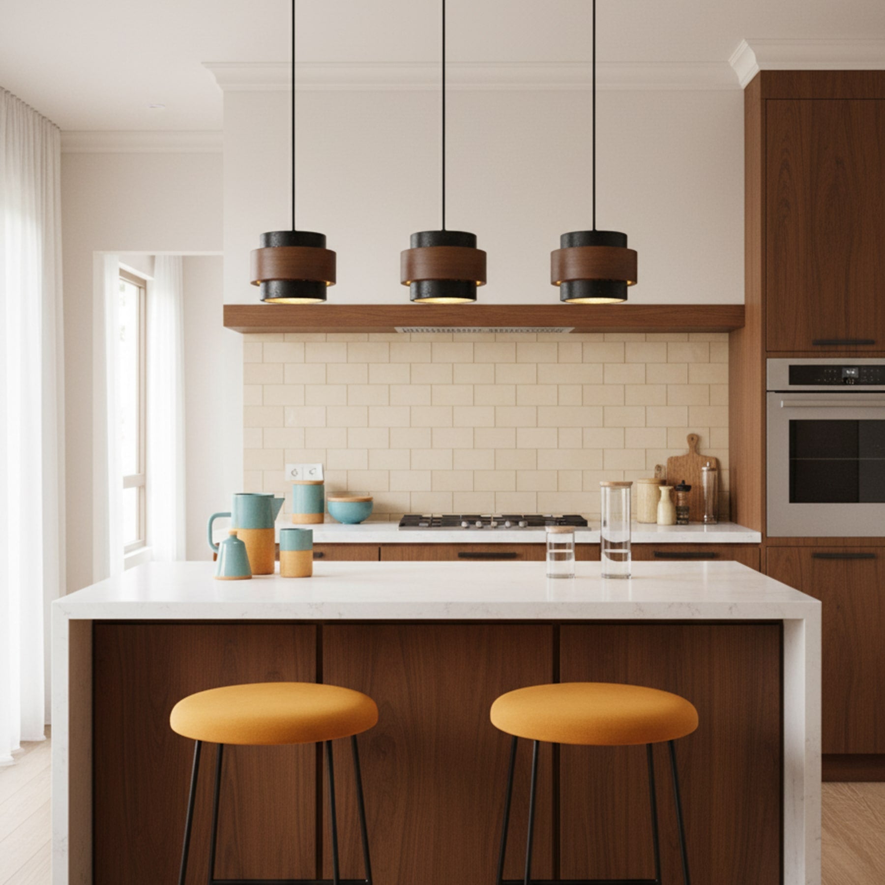 Contemporary Travertine and Solid Wood Pendant Light With Tri-Color Light for Dining Room — Greenwich Home & Living