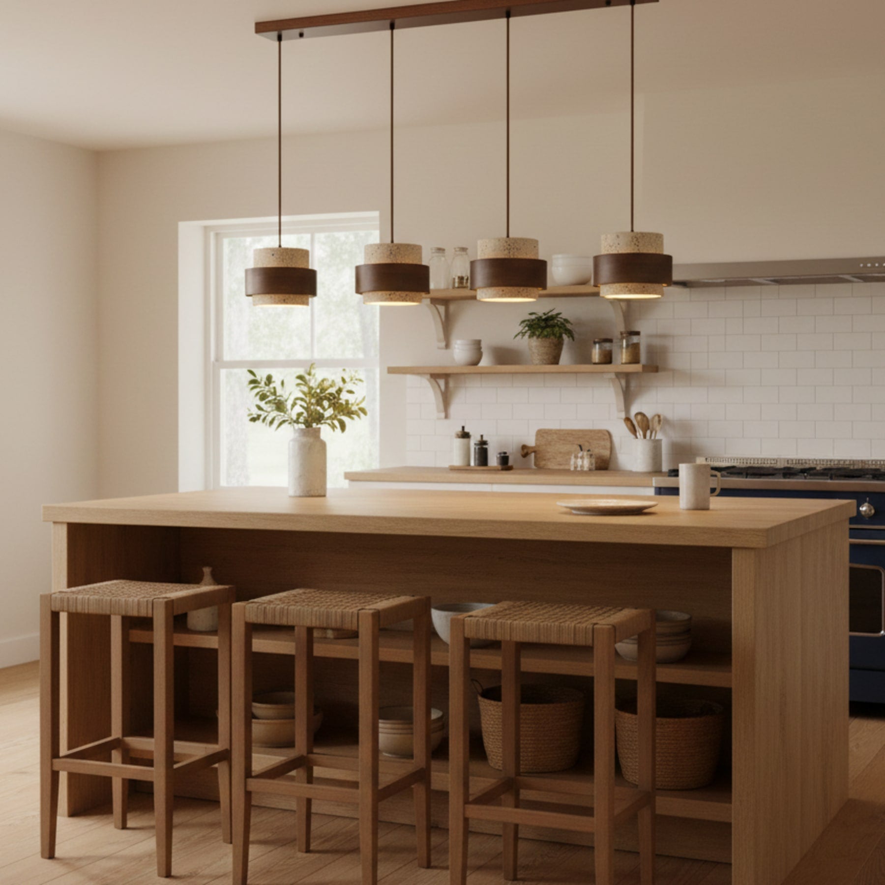 Contemporary Travertine and Solid Wood Pendant Light With Tri-Color Light for Dining Room — Greenwich Home & Living