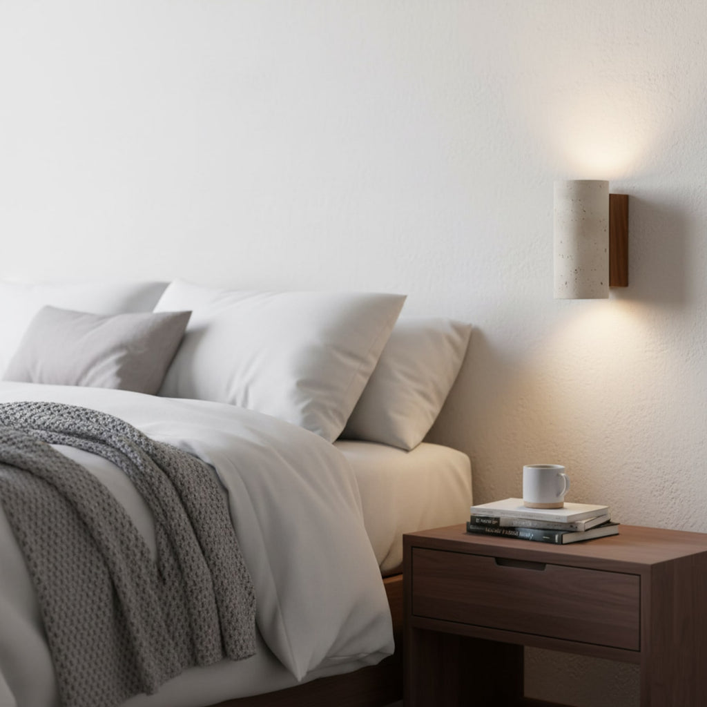 Minimalist Travertine and Wood Wall Light With Warm LED Glow — Greenwich Home & Living