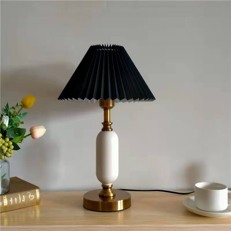 Modern Metal Pleated Table Lamp With Warm Daylight Glow in Black Pleated + White Base — Greenwich Home & Living