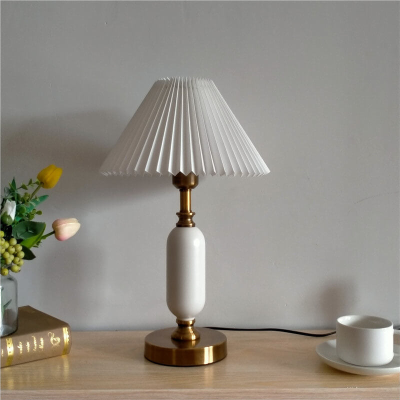 Modern Metal Pleated Table Lamp With Warm Daylight Glow in White Pleated + White Base — Greenwich Home & Living