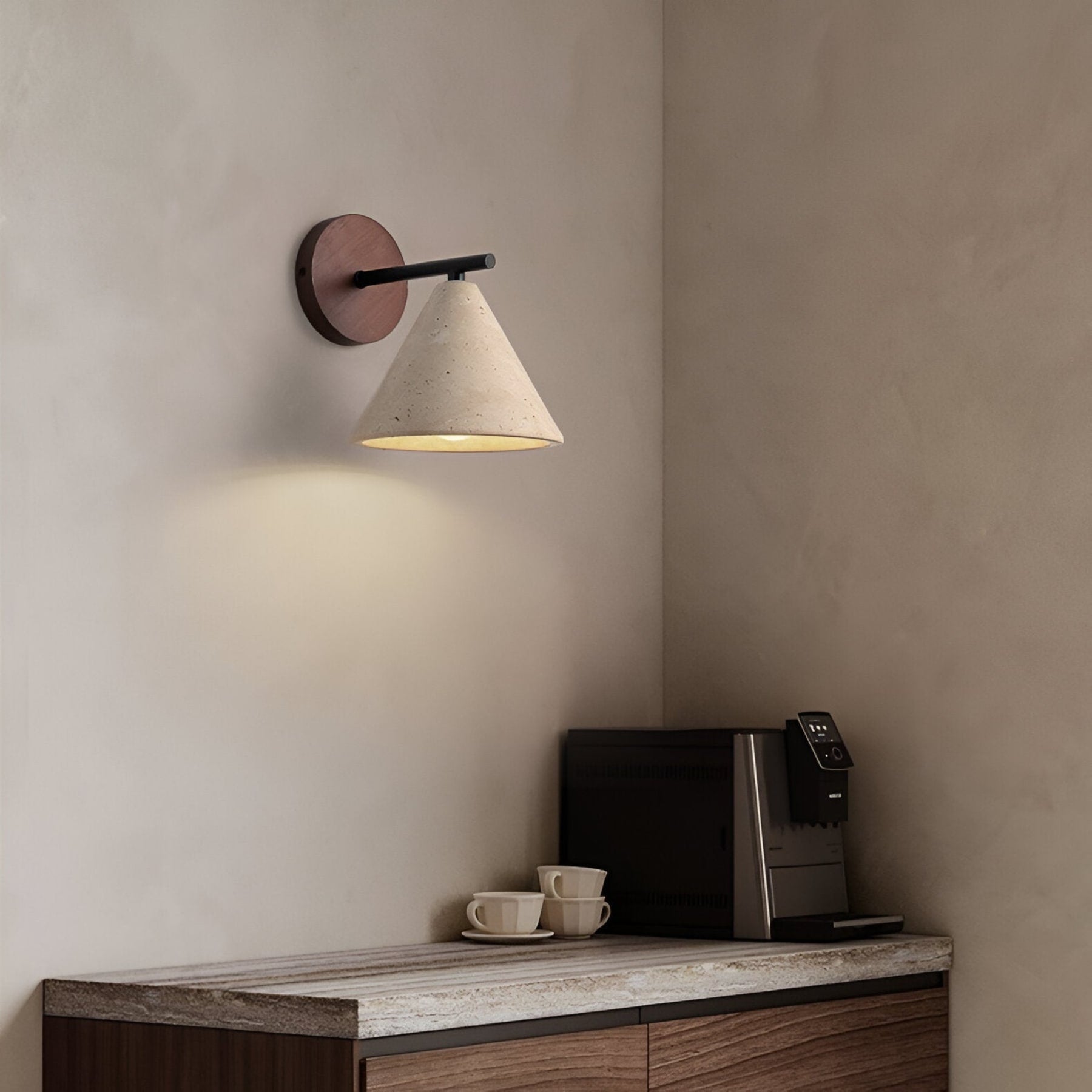 Modern Travertine and Walnut Wall Light With Warm LED Glow — Greenwich Home & Living