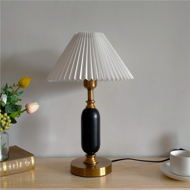 Modern Metal Pleated Table Lamp With Warm Daylight Glow in White Pleated + Black Base — Greenwich Home & Living
