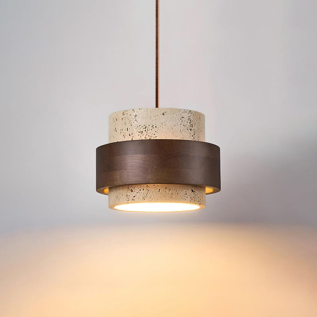 Contemporary Travertine and Solid Wood Pendant Light With Tri-Color Light for Dining Room — Greenwich Home & Living