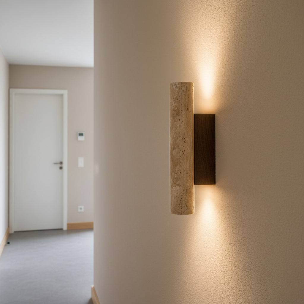 Minimalist Travertine and Wood Wall Light With Warm LED Glow — Greenwich Home & Living