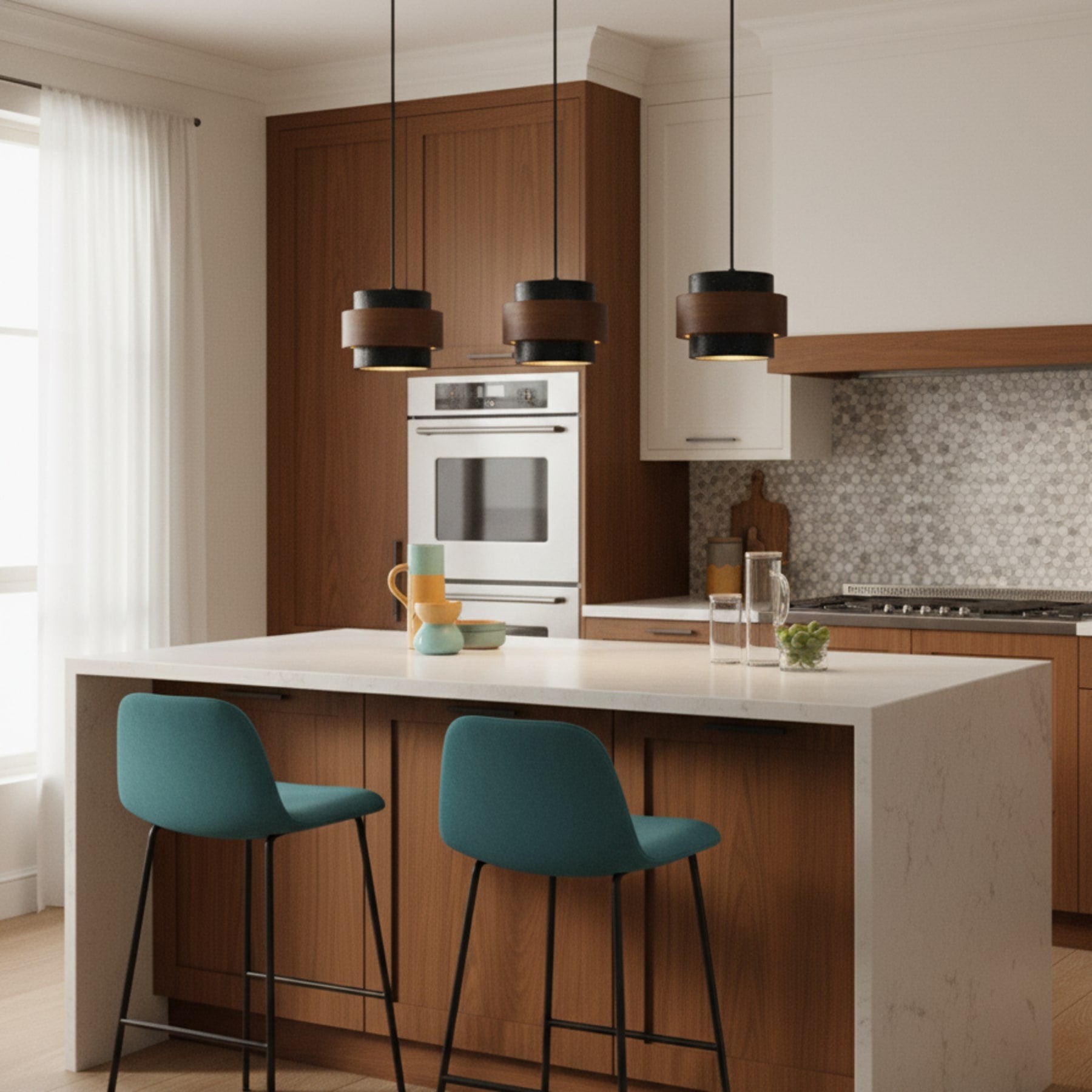 Contemporary Travertine and Solid Wood Pendant Light With Tri-Color Light for Dining Room — Greenwich Home & Living