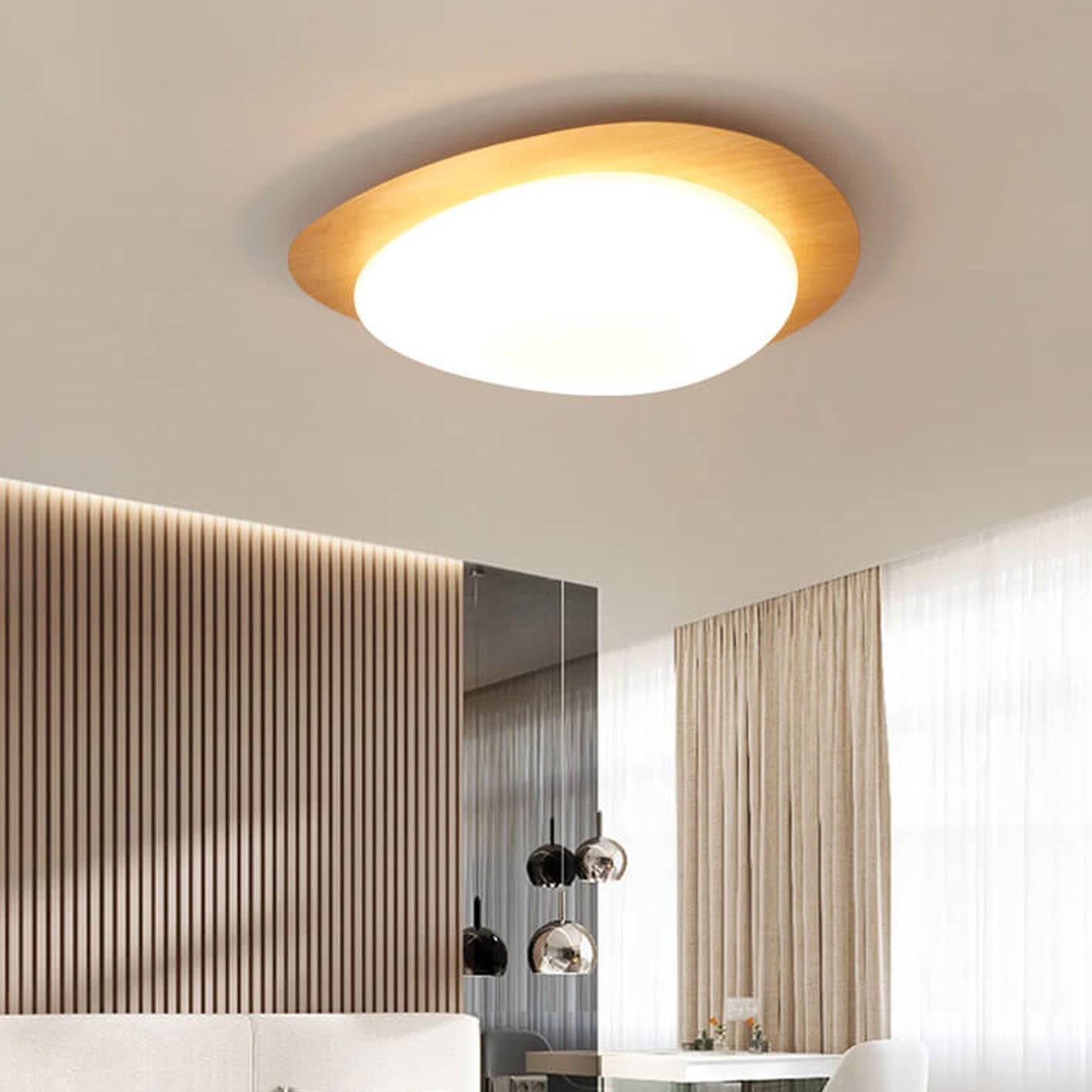 Modern Wood Flush Mount Ceiling Light With Stepless Dimming — Greenwich Home & Living