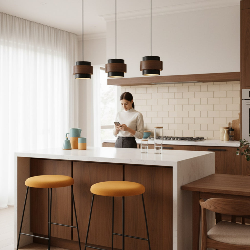 Contemporary Travertine and Solid Wood Pendant Light With Tri-Color Light for Dining Room — Greenwich Home & Living