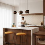Contemporary Travertine and Solid Wood Pendant Light With Tri-Color Light for Dining Room — Greenwich Home & Living