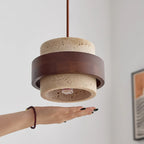 Contemporary Travertine and Solid Wood Pendant Light With Tri-Color Light for Dining Room — Greenwich Home & Living