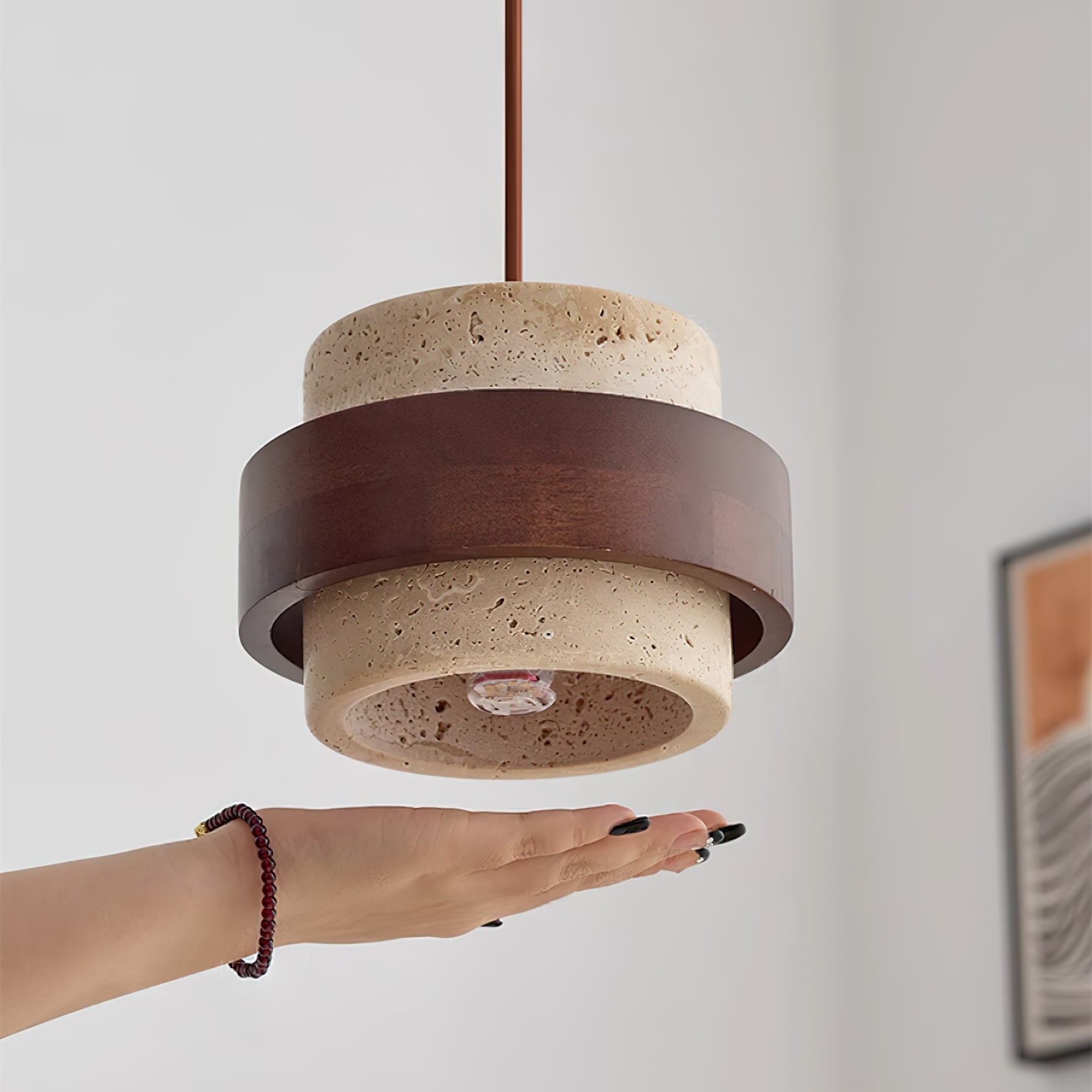 Contemporary Travertine and Solid Wood Pendant Light With Tri-Color Light for Dining Room — Greenwich Home & Living