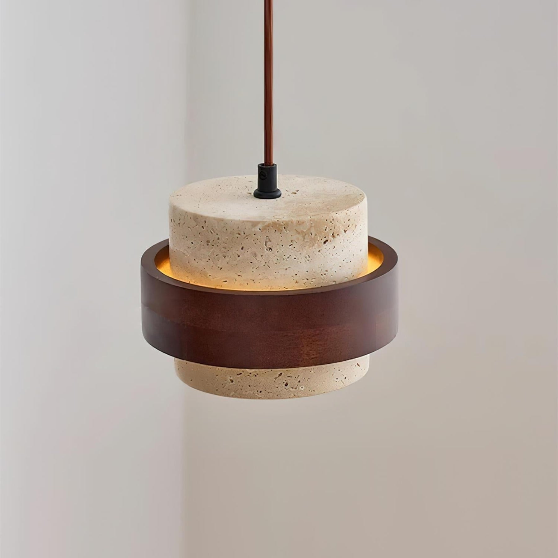 Contemporary Travertine and Solid Wood Pendant Light With Tri-Color Light for Dining Room — Greenwich Home & Living