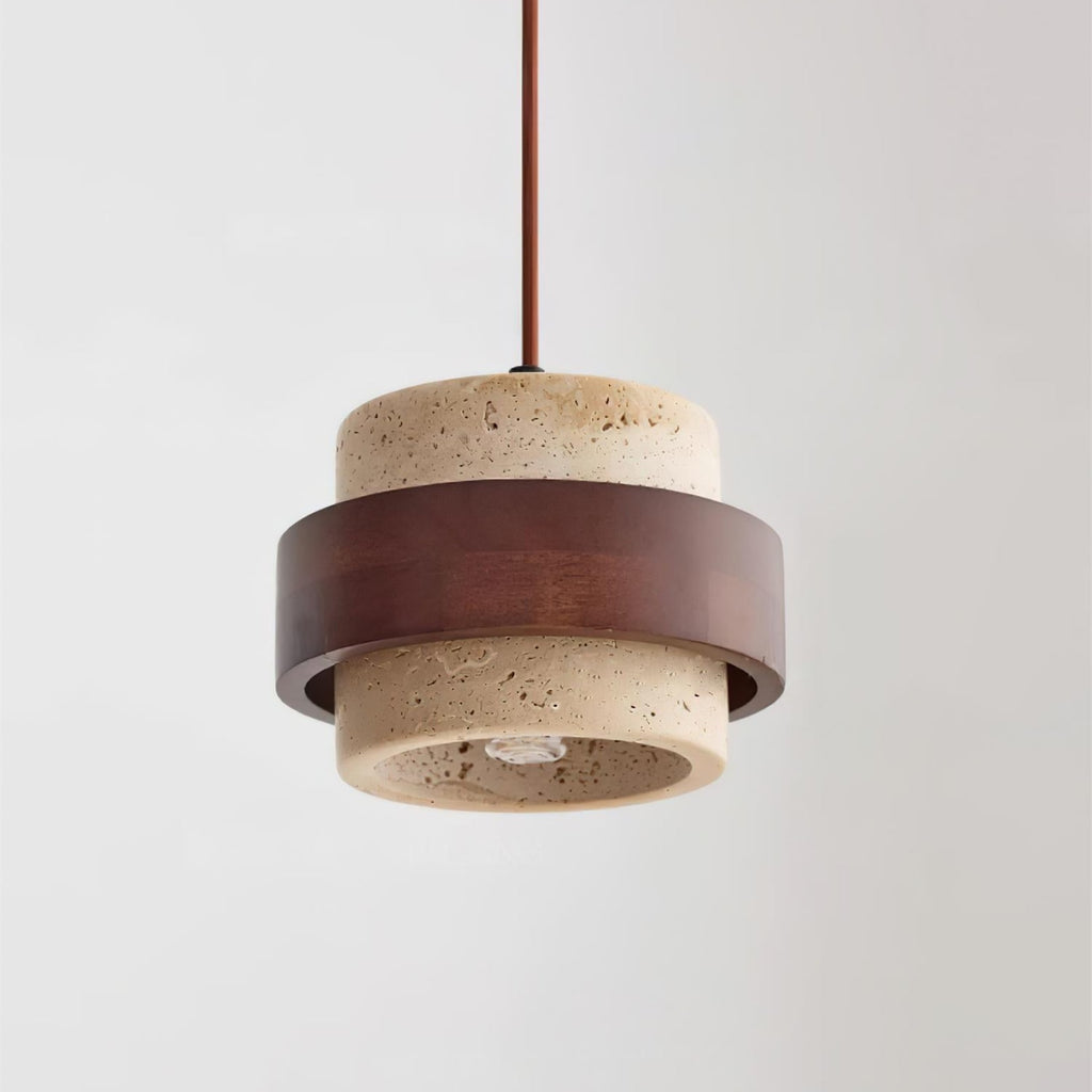 Contemporary Travertine and Solid Wood Pendant Light With Tri-Color Light for Dining Room — Greenwich Home & Living