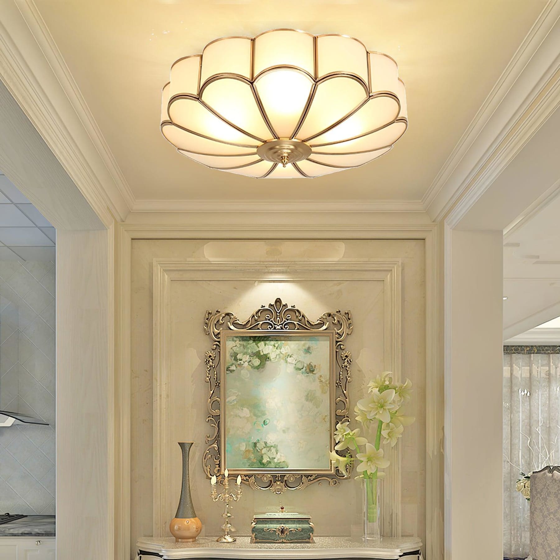 Traditional Brass and Glass Flush Mount Ceiling Light for Living Room — Greenwich Home & Living