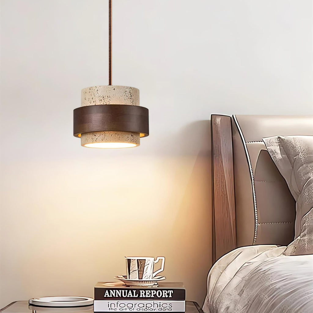 Contemporary Travertine and Solid Wood Pendant Light With Tri-Color Light for Dining Room — Greenwich Home & Living