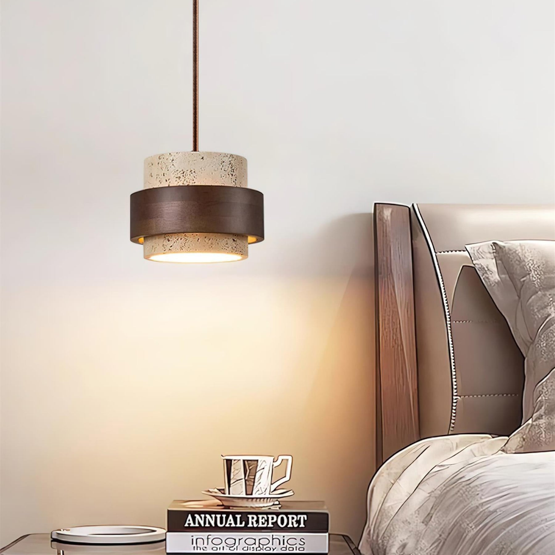 Contemporary Travertine and Solid Wood Pendant Light With Tri-Color Light for Dining Room — Greenwich Home & Living