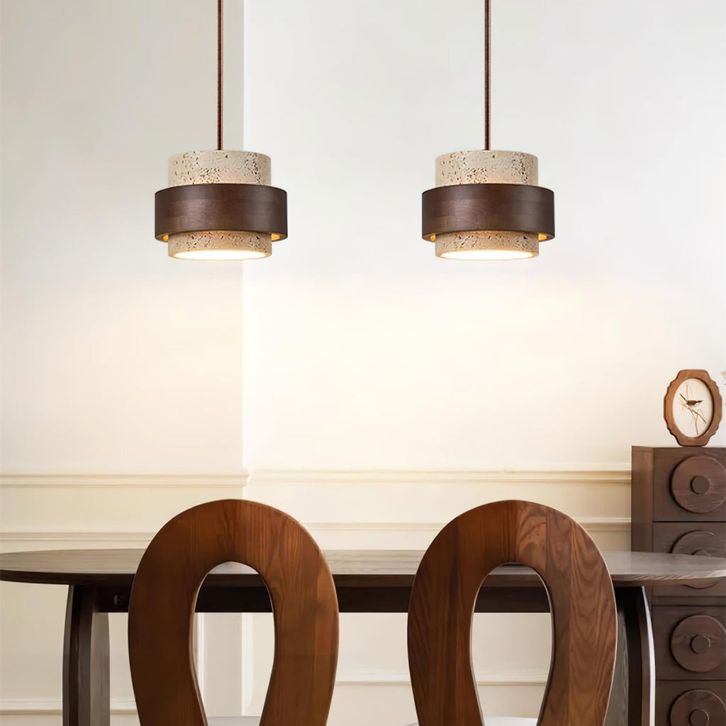 Contemporary Travertine and Solid Wood Pendant Light With Tri-Color Light for Dining Room — Greenwich Home & Living