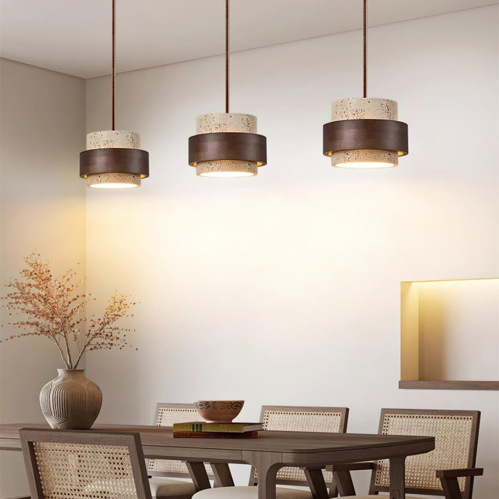 Contemporary Travertine and Solid Wood Pendant Light With Tri-Color Light for Dining Room — Greenwich Home & Living