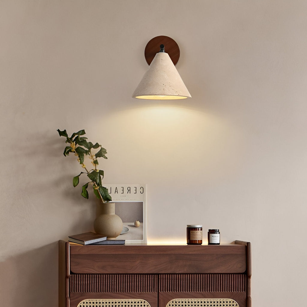 Modern Travertine and Walnut Wall Light With Warm LED Glow — Greenwich Home & Living