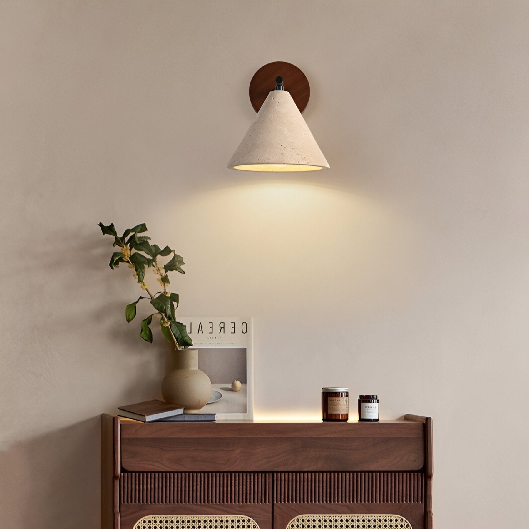 Modern Travertine and Walnut Wall Light With Warm LED Glow — Greenwich Home & Living