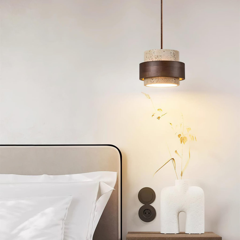 Contemporary Travertine and Solid Wood Pendant Light With Tri-Color Light for Dining Room — Greenwich Home & Living