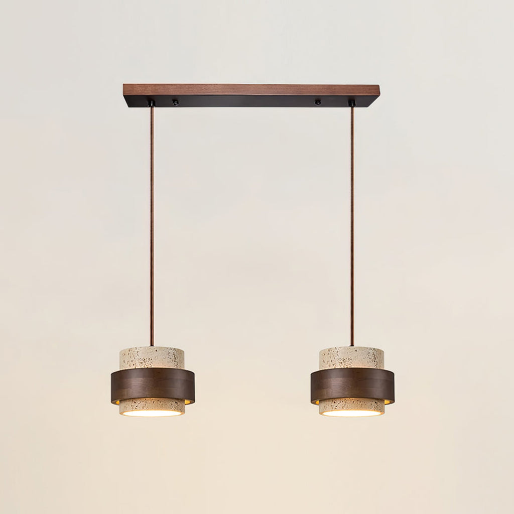 Contemporary Travertine and Solid Wood Pendant Light With Tri-Color Light for Dining Room in 2 Heads - 22" × 59" (55 × 150 cm) — Greenwich Home & Living
