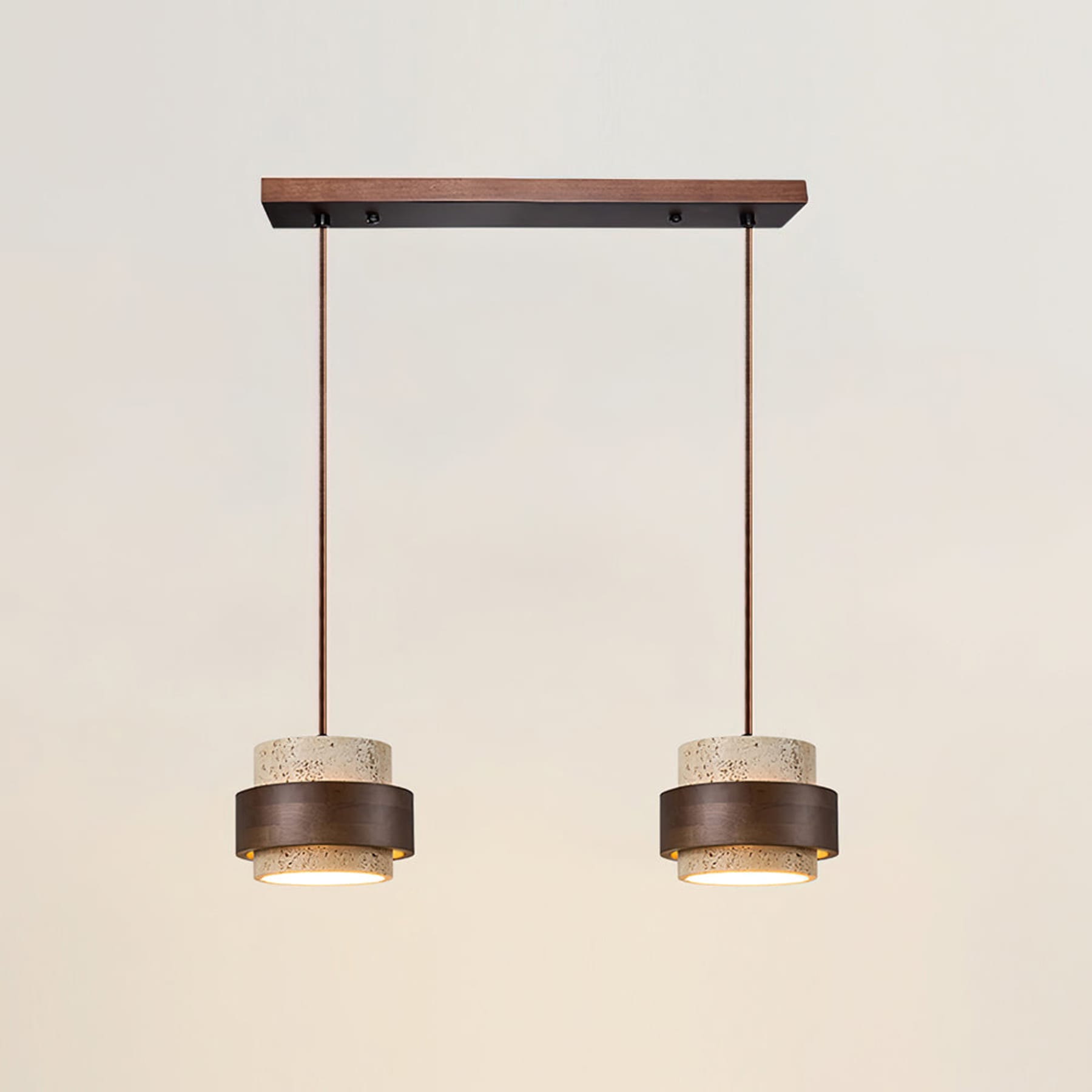 Contemporary Travertine and Solid Wood Pendant Light With Tri-Color Light for Dining Room in 2 Heads - 22" × 59" (55 × 150 cm) — Greenwich Home & Living