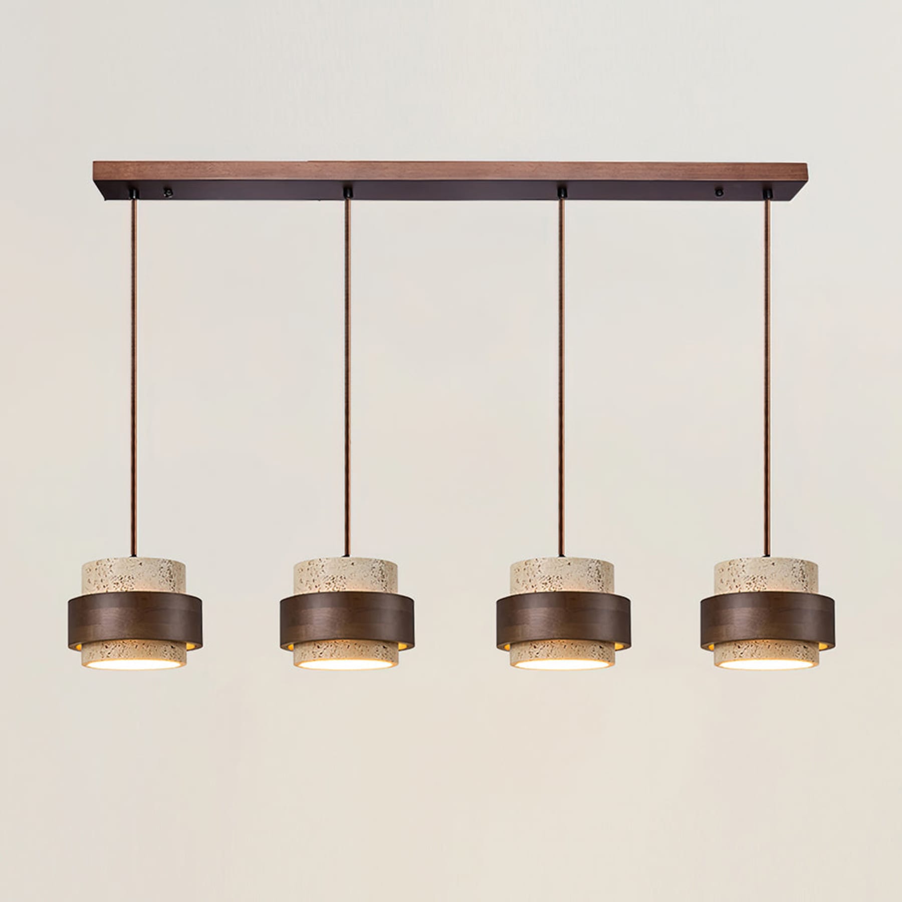 Contemporary Travertine and Solid Wood Pendant Light With Tri-Color Light for Dining Room in 4 Heads - 39" × 59" (100 × 150 cm) — Greenwich Home & Living