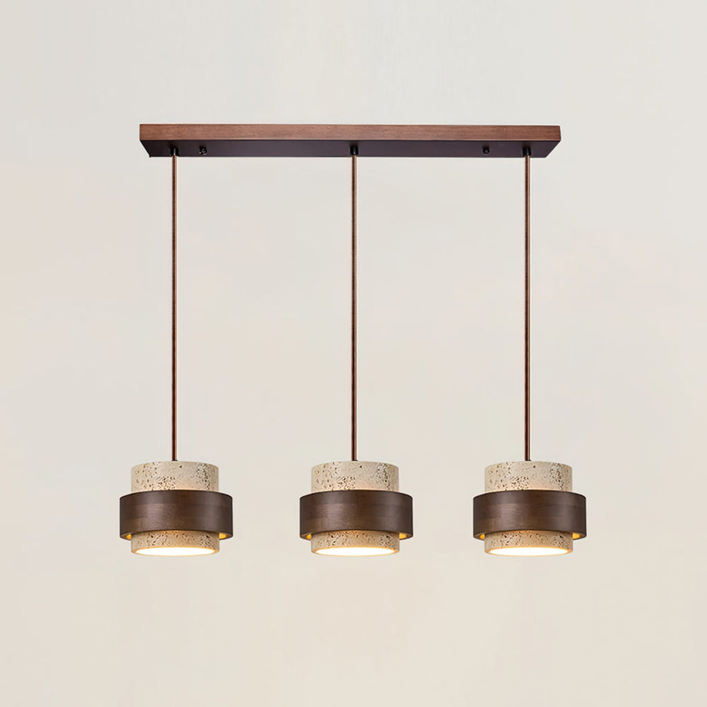 Contemporary Travertine and Solid Wood Pendant Light With Tri-Color Light for Dining Room in 3 Heads - 31" x 59" (80 x 150 cm) — Greenwich Home & Living