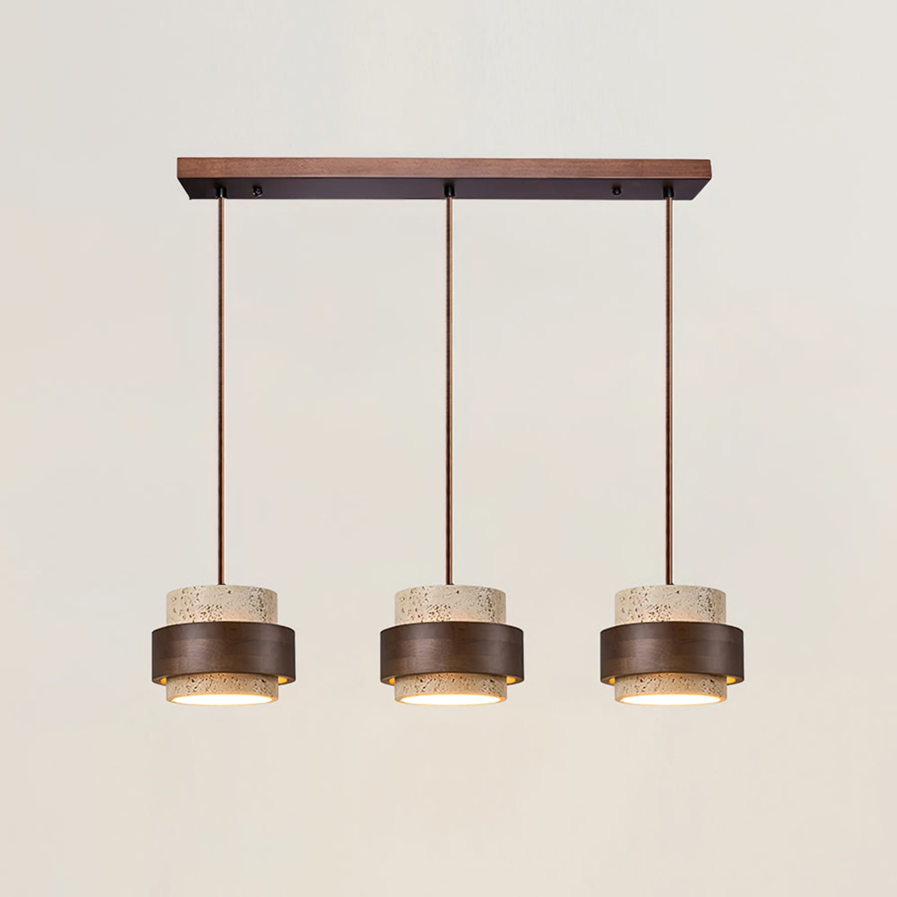 Contemporary Travertine and Solid Wood Pendant Light With Tri-Color Light for Dining Room in 3 Heads - 31" x 59" (80 x 150 cm) — Greenwich Home & Living