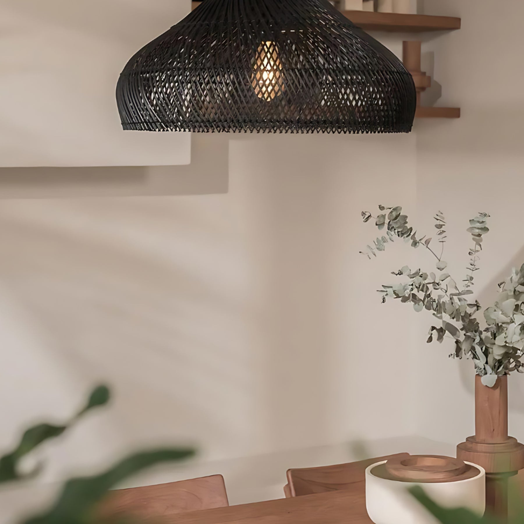 Bohemian Rattan Pendant Light With Solid Wood Cover for Dining Room — Greenwich Home & Living