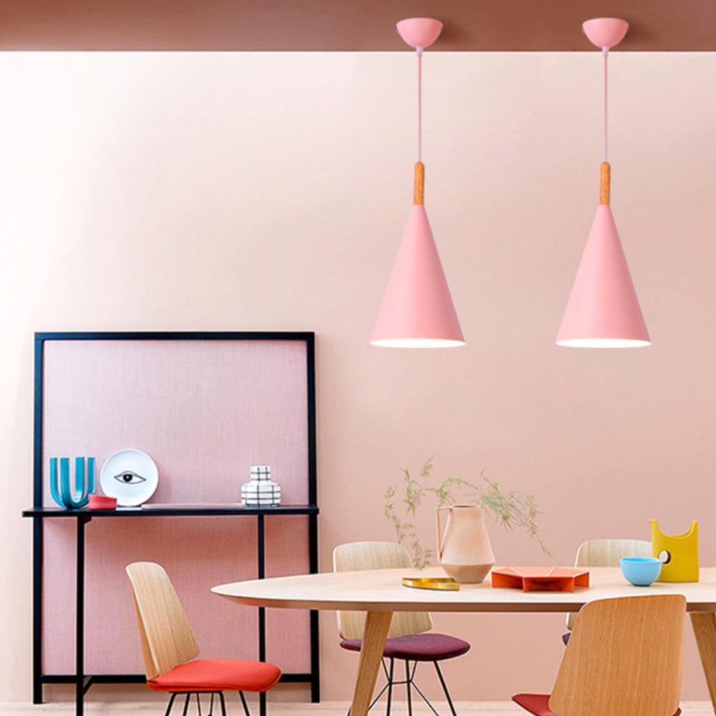 Scandinavian Wood And Aluminum Pendant Light With Three-Color Light For Dining Room in Pink — Greenwich Home & Living