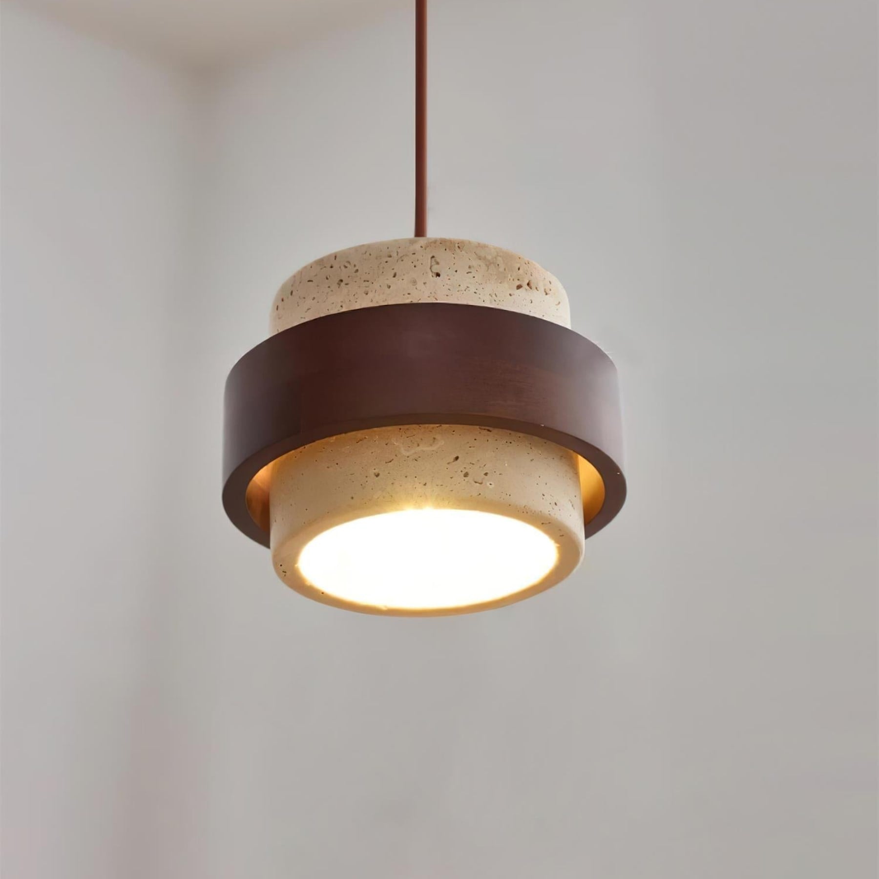Contemporary Travertine and Solid Wood Pendant Light With Tri-Color Light for Dining Room — Greenwich Home & Living