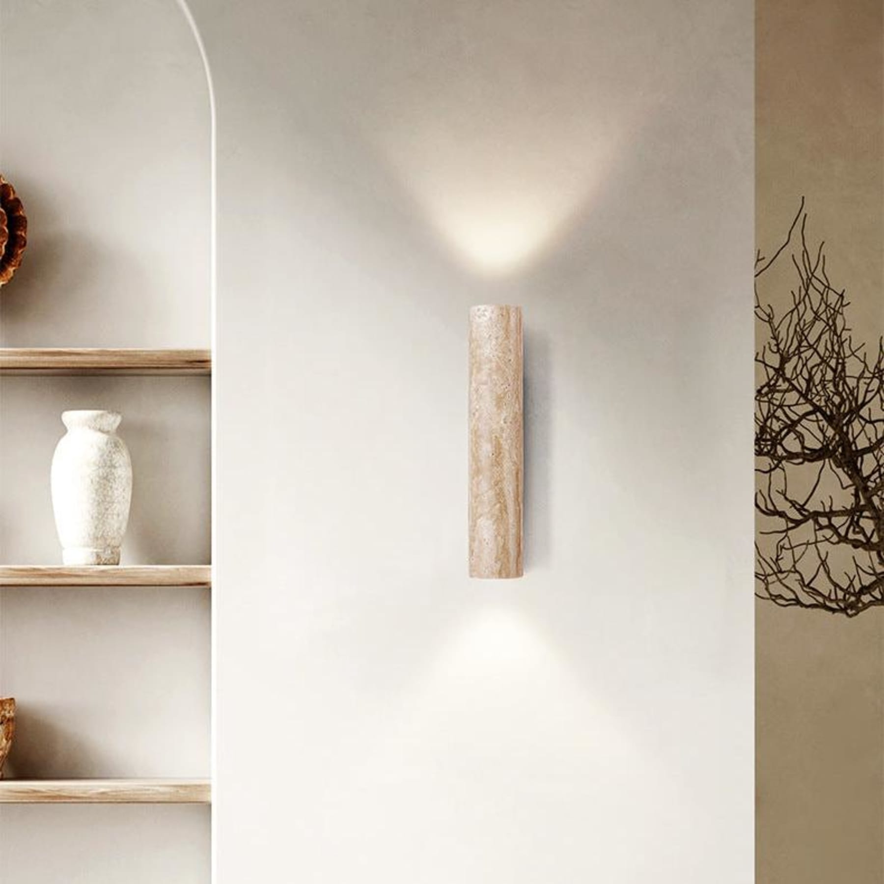 Minimalist Travertine and Wood Wall Light With Warm LED Glow — Greenwich Home & Living